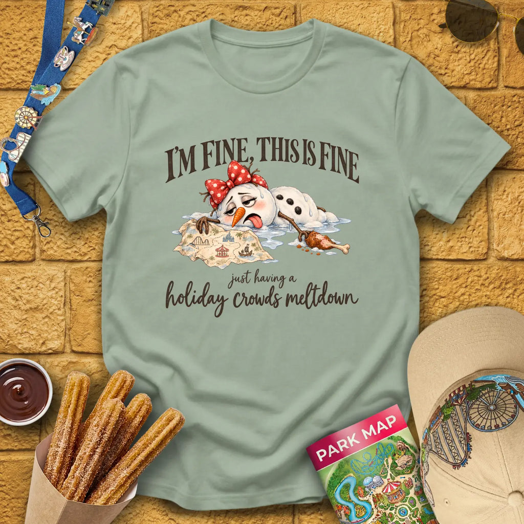 Holiday Crowds Meltdown [RetroFolk] T-Shirt for Theme Park Fans (Sage)