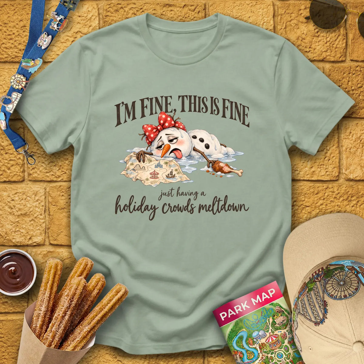 Holiday Crowds Meltdown [RetroFolk] T-Shirt for Theme Park Fans (Sage)