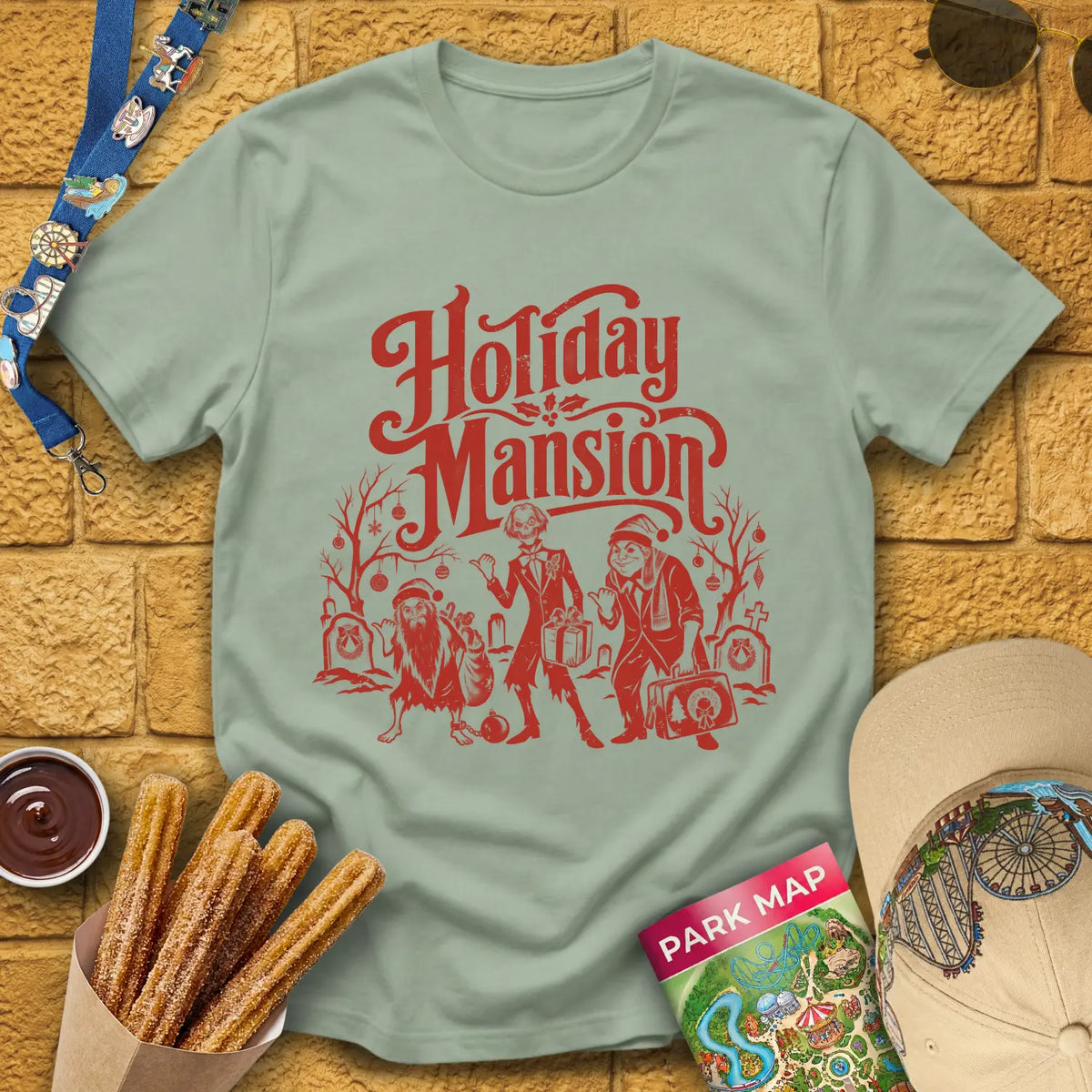 Holiday Mansion Ghosts [Retro] T-Shirt for Theme Park Fans (Sage)