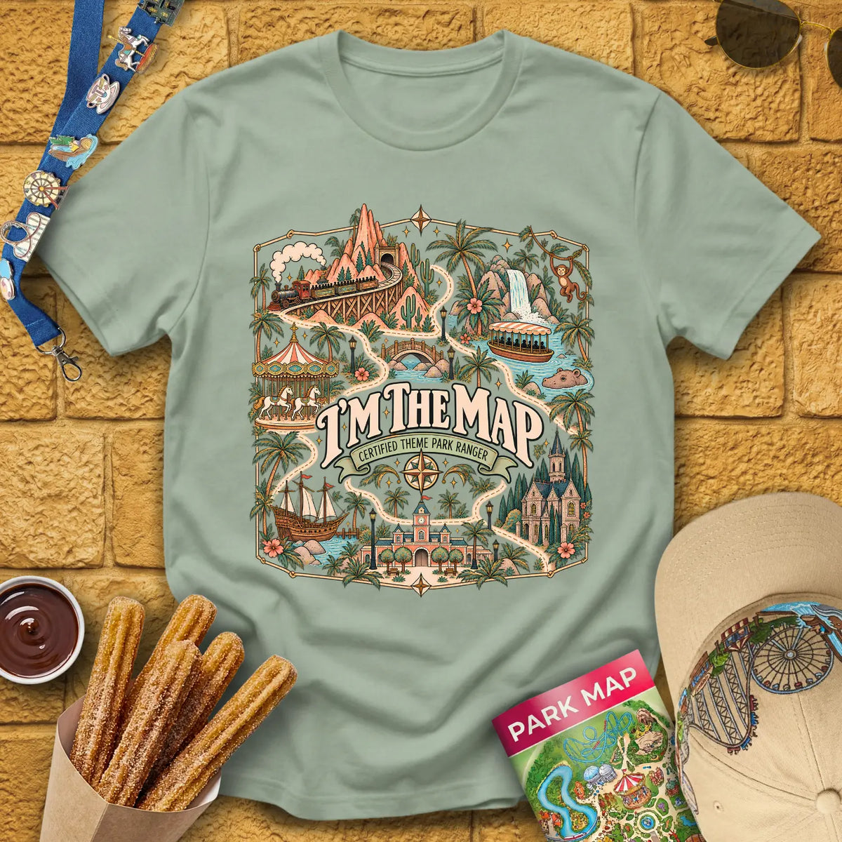 I'm The Map [Boho] T-Shirt for Theme Park Fans (Sage)