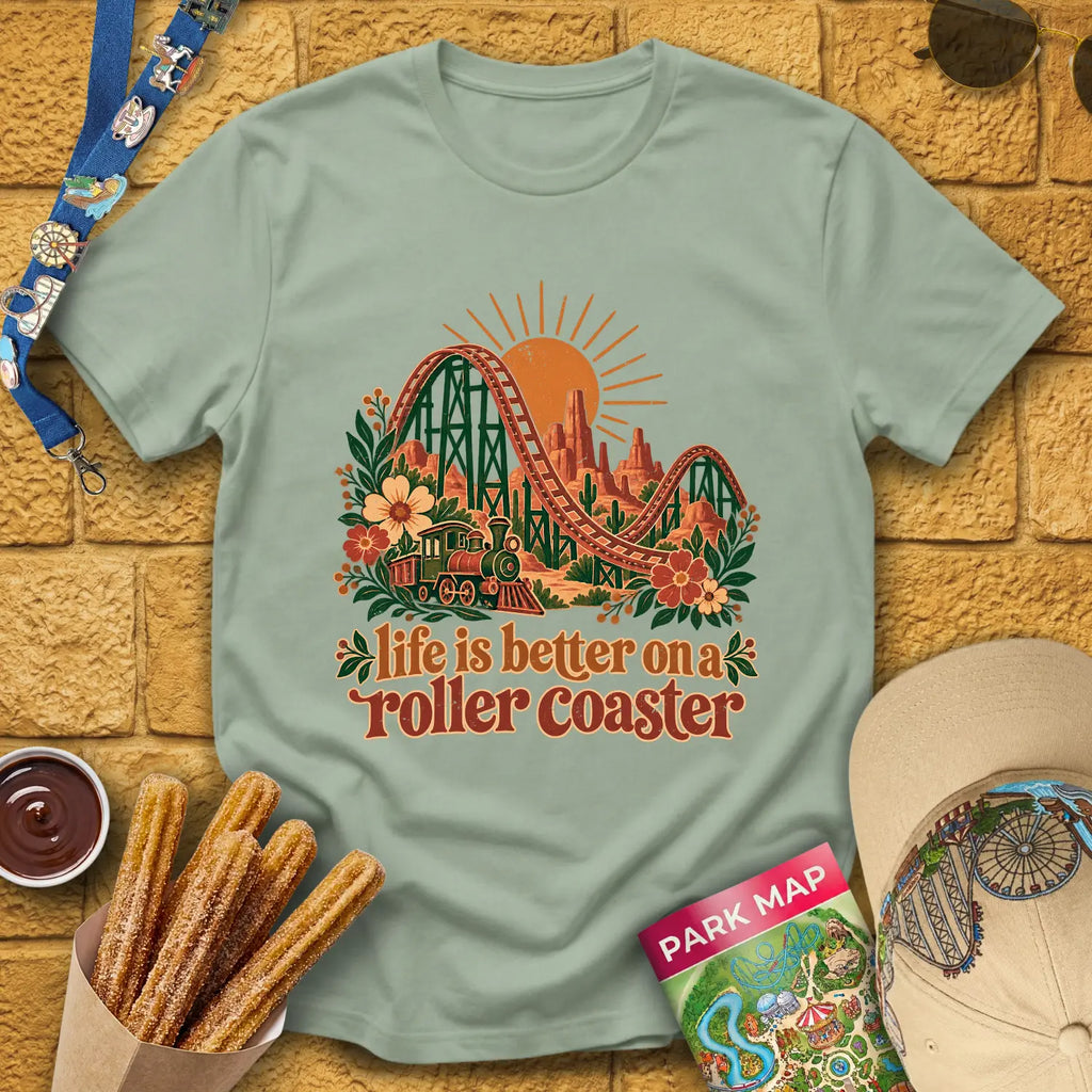 Life's Better On Coaster [Boho] T-Shirt for Theme Park Fans (Sage)