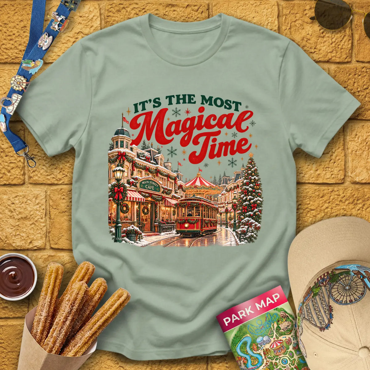 Magical Time Street [Retro] T-Shirt for Theme Park Fans (Sage)