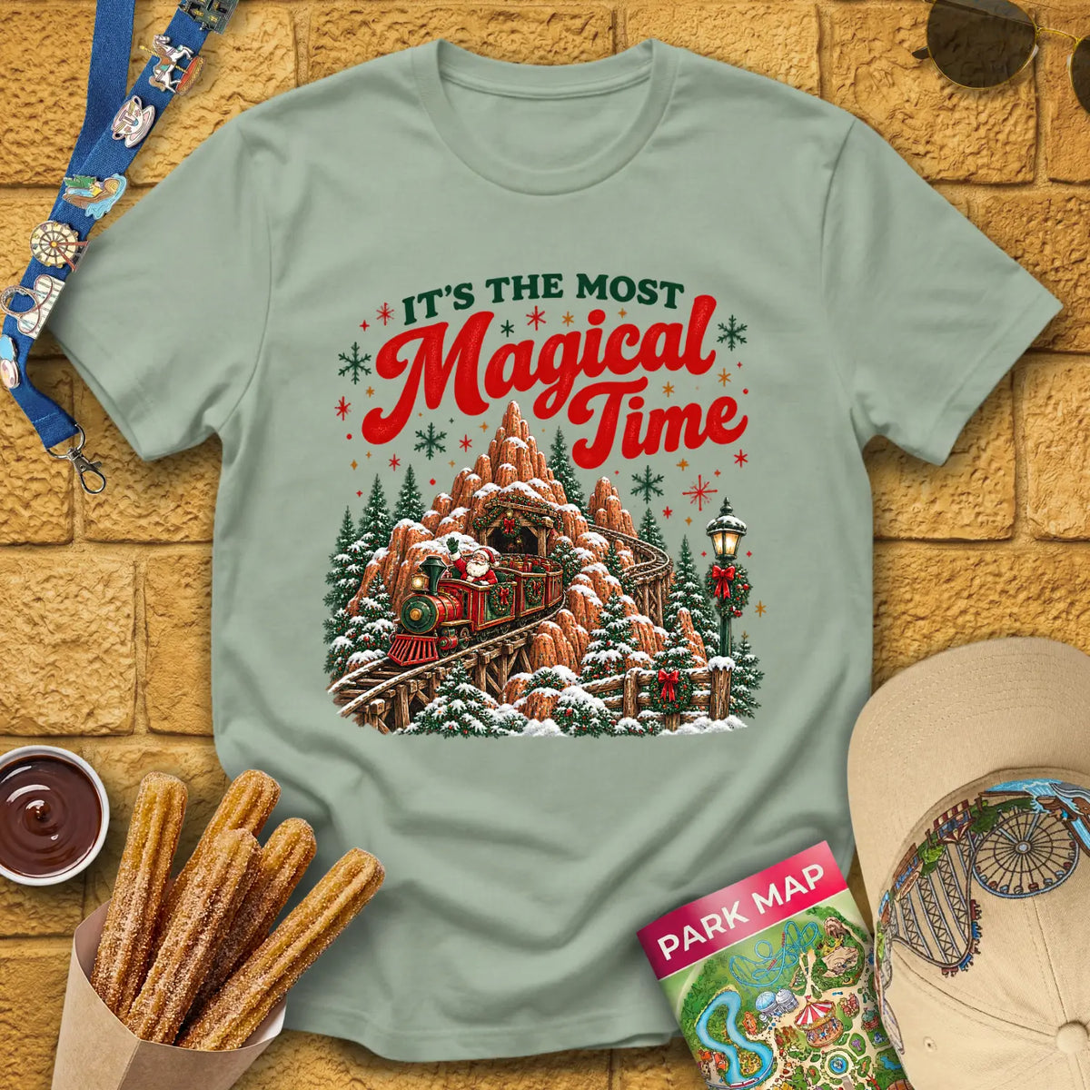 Magical Time Train [Retro] T-Shirt for Theme Park Fans (Sage)