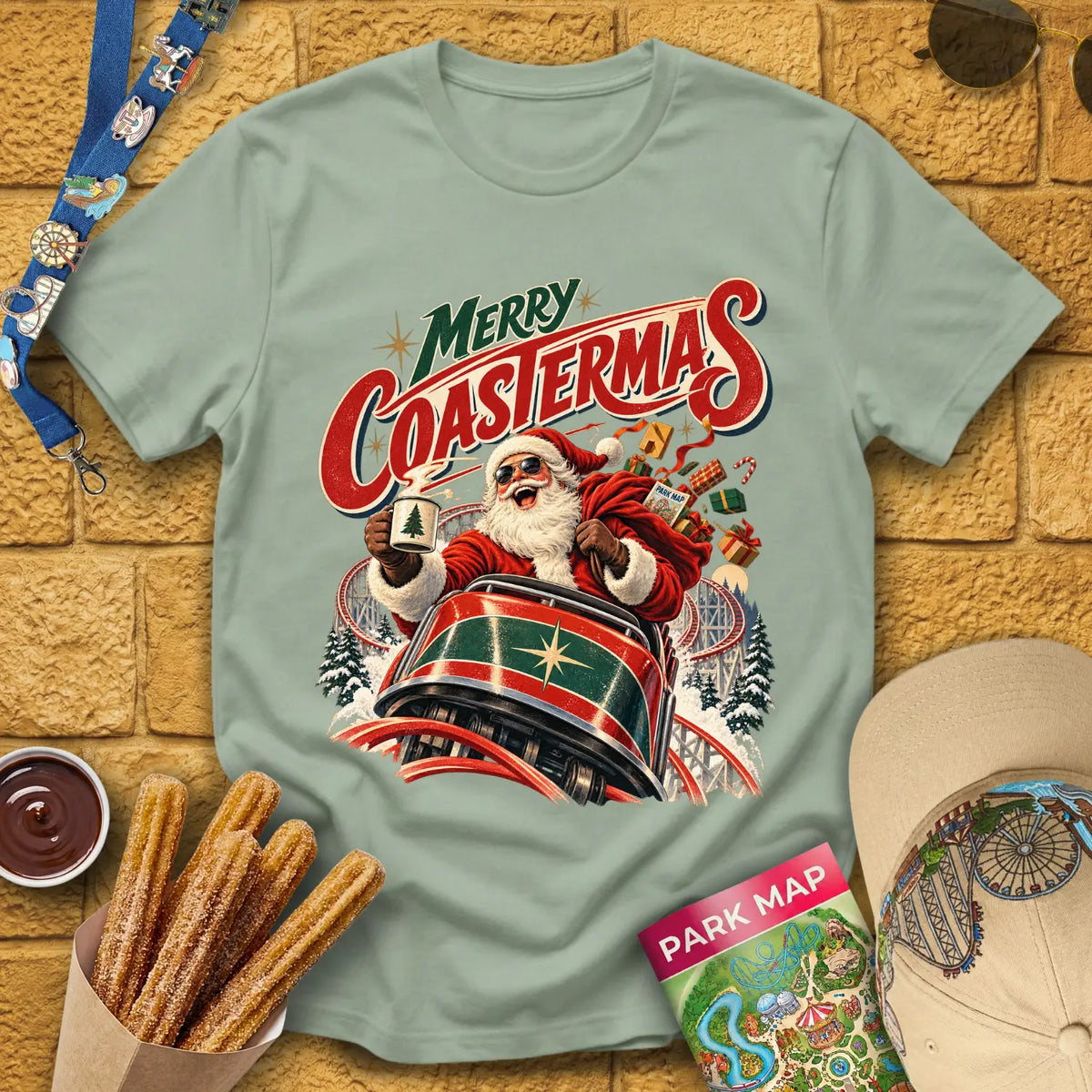 Merry Coastermas [50s] T-Shirt for Theme Park Fans (Sage)