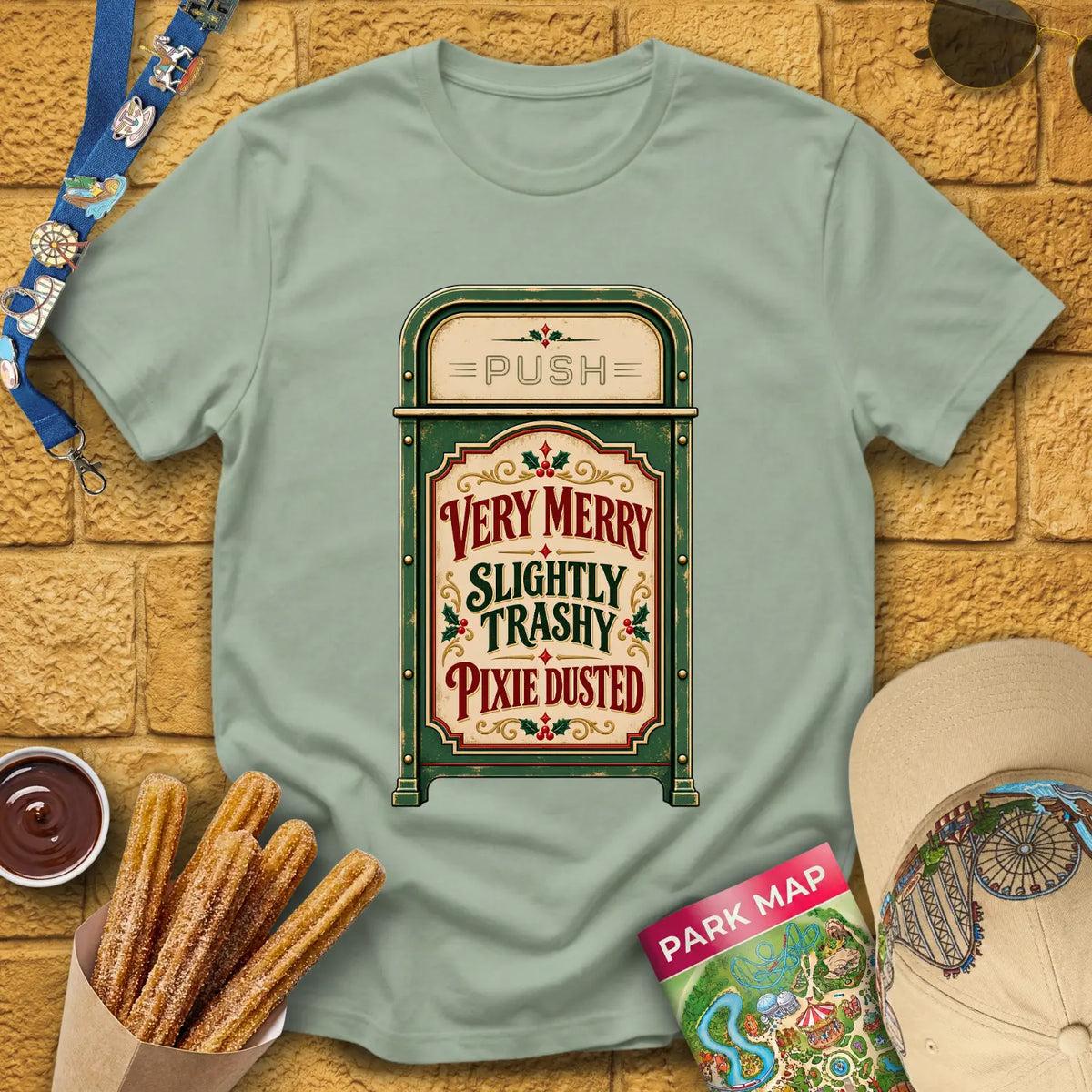 Merry & Trashy [Vintage] T-Shirt for Theme Park Fans (Sage)