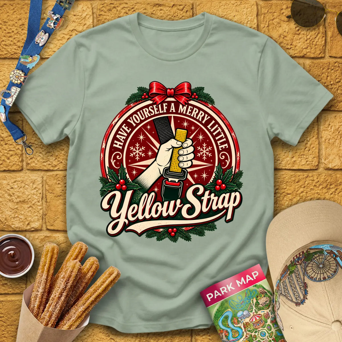 Merry Yellow Strap [Badge] T-Shirt for Theme Park Fans (Sage)