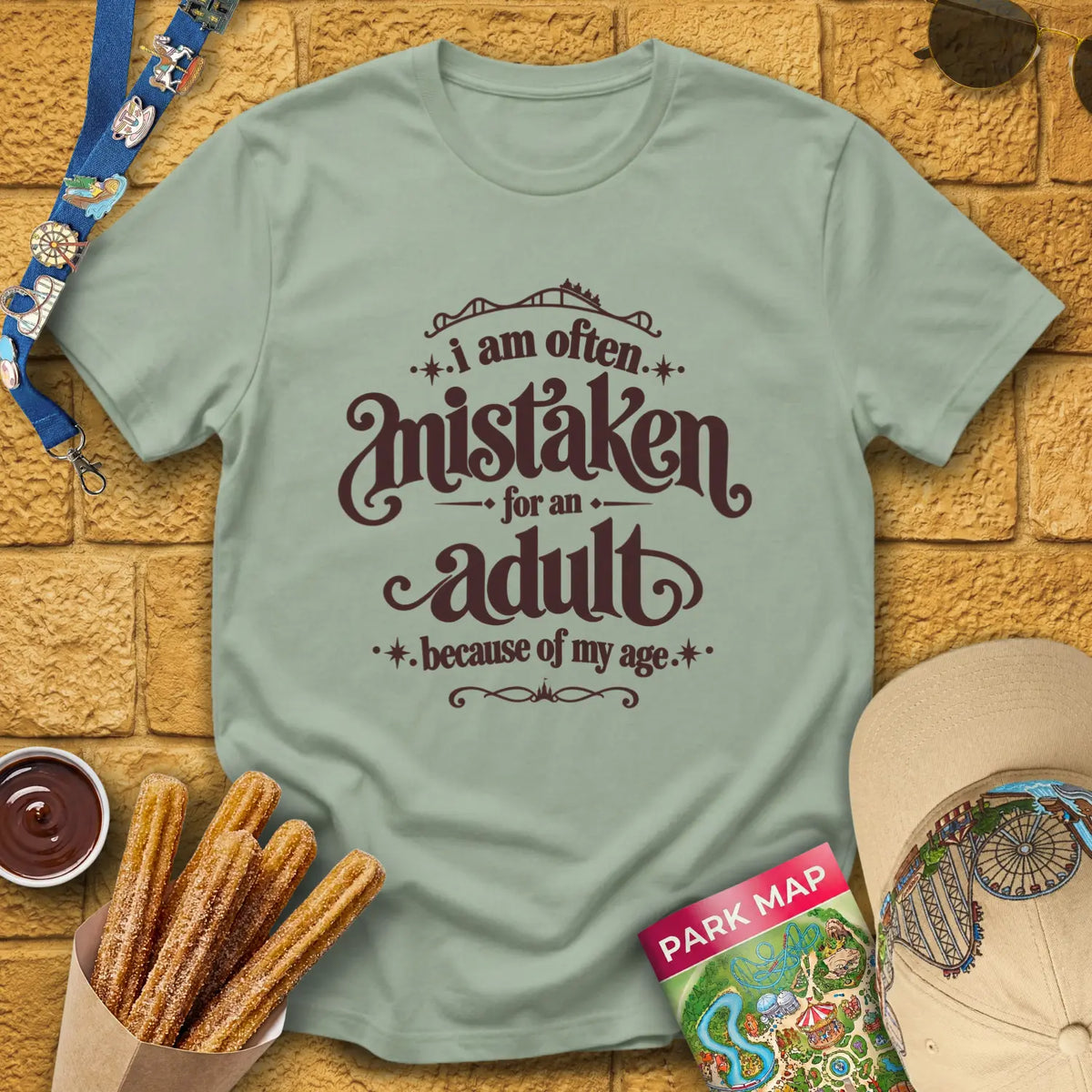 Mistaken For Adult [Victorian] T-Shirt for Theme Park Fans (Sage)