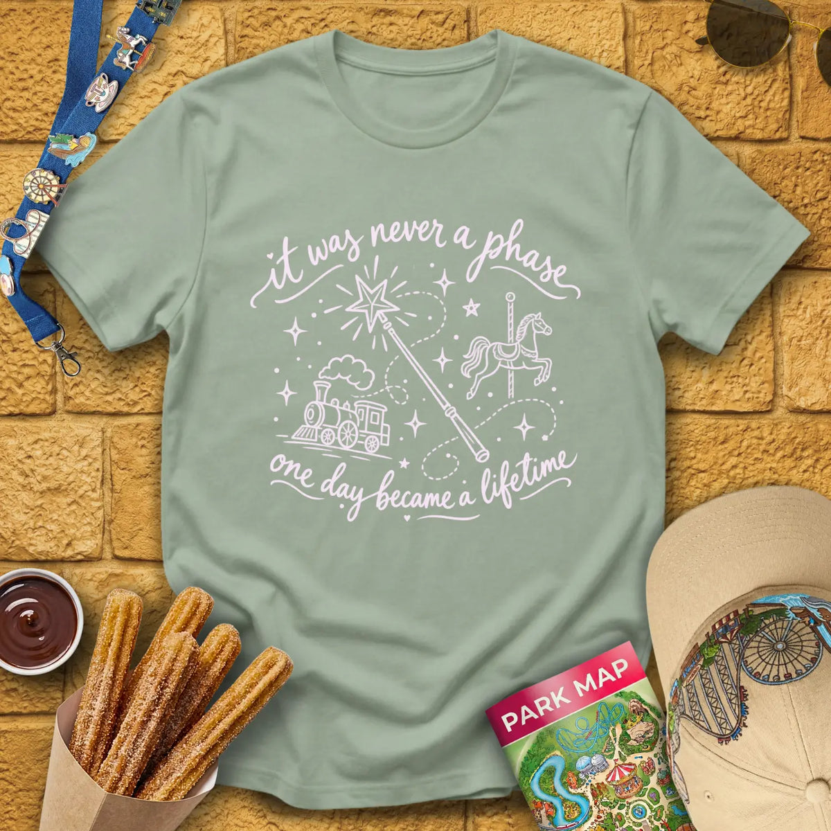 Never A Phase [Doodle] T-Shirt for Theme Park Fans (Sage)