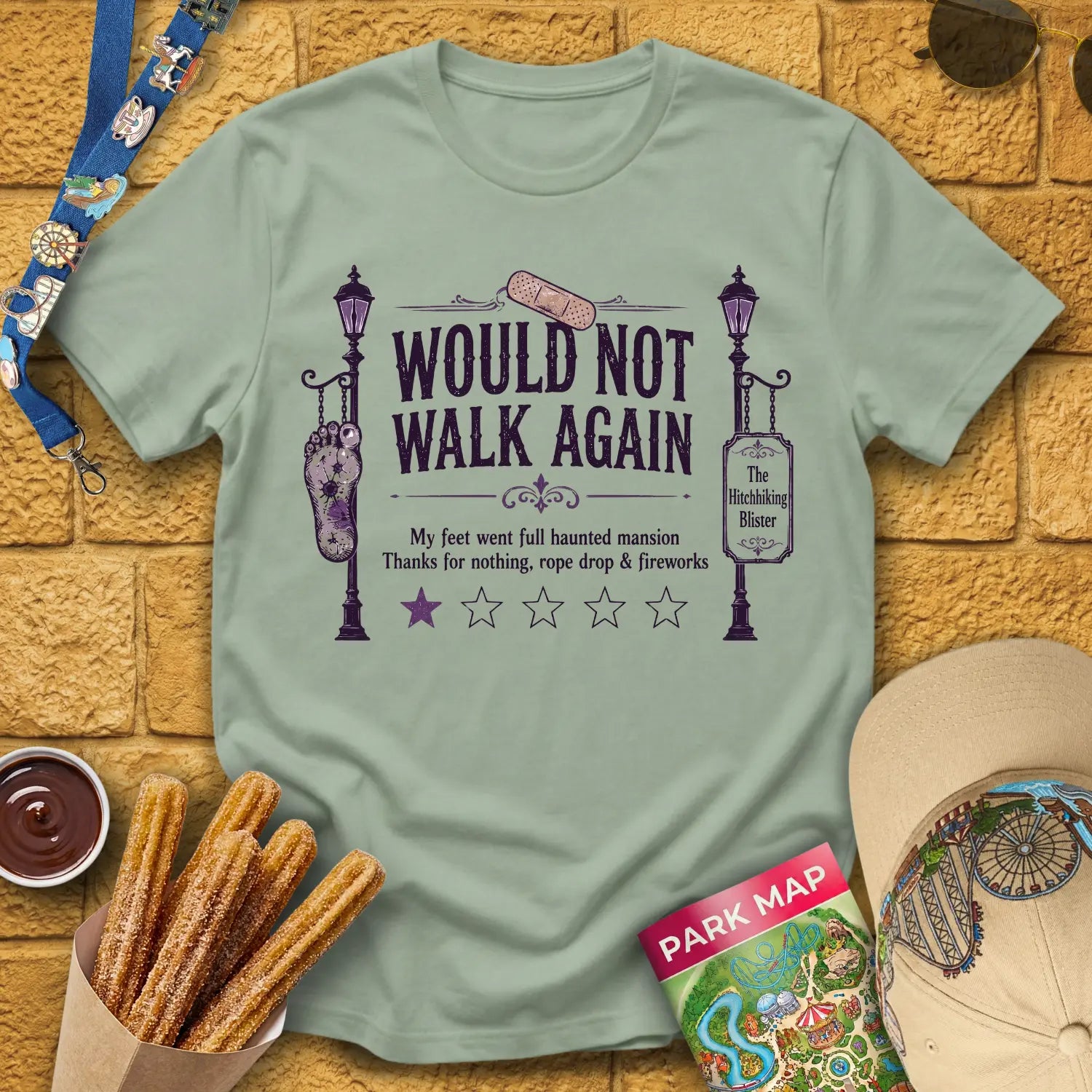 Not Walk Again [Haunted] T-Shirt for Theme Park Fans (Sage)