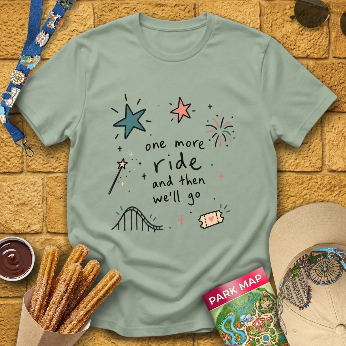 One More Ride [Doodle] T-Shirt for Theme Park Fans (Sage)