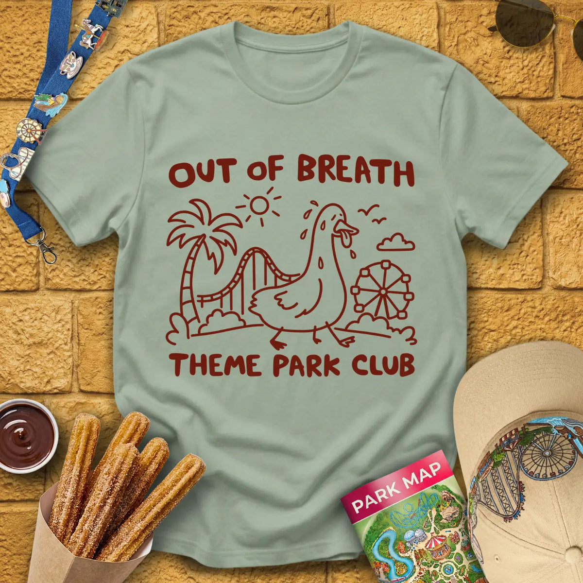 Out Of Breath [Doodle] T-Shirt for Theme Park Fans (Sage)