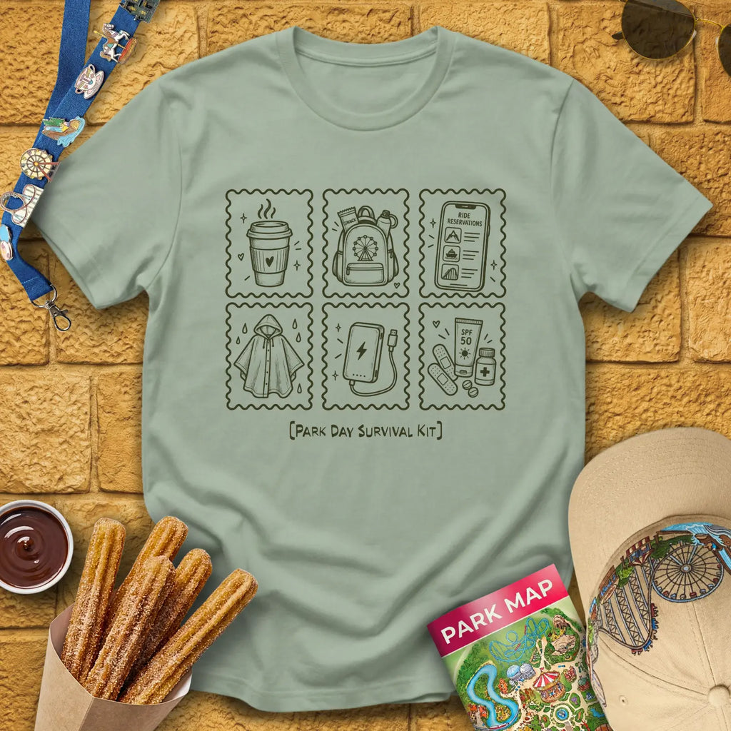 Park Survival Kit [Doodle] T-Shirt for Theme Park Fans (Sage)