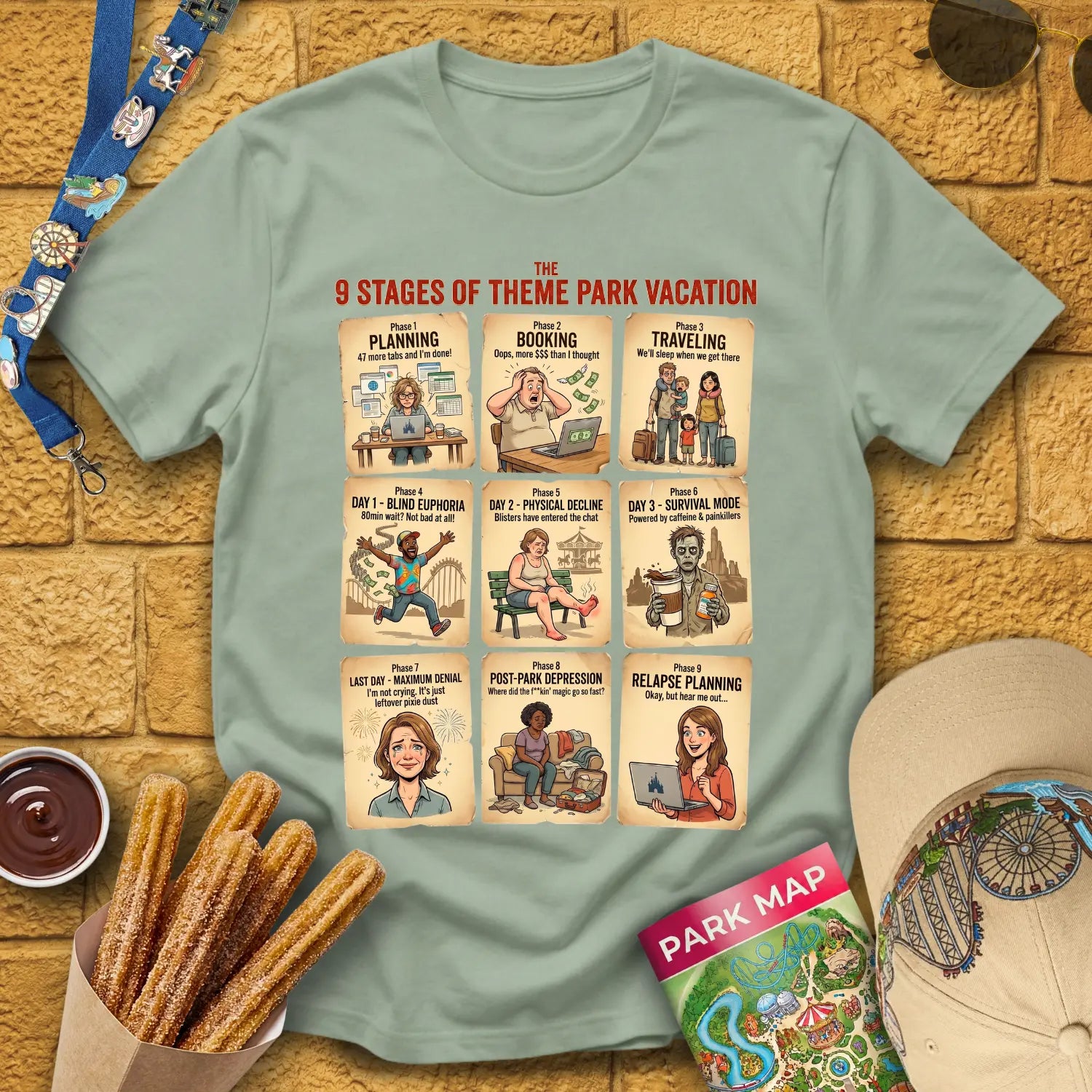Planning Phases [Vintage] T-Shirt for Theme Park Fans (Sage)