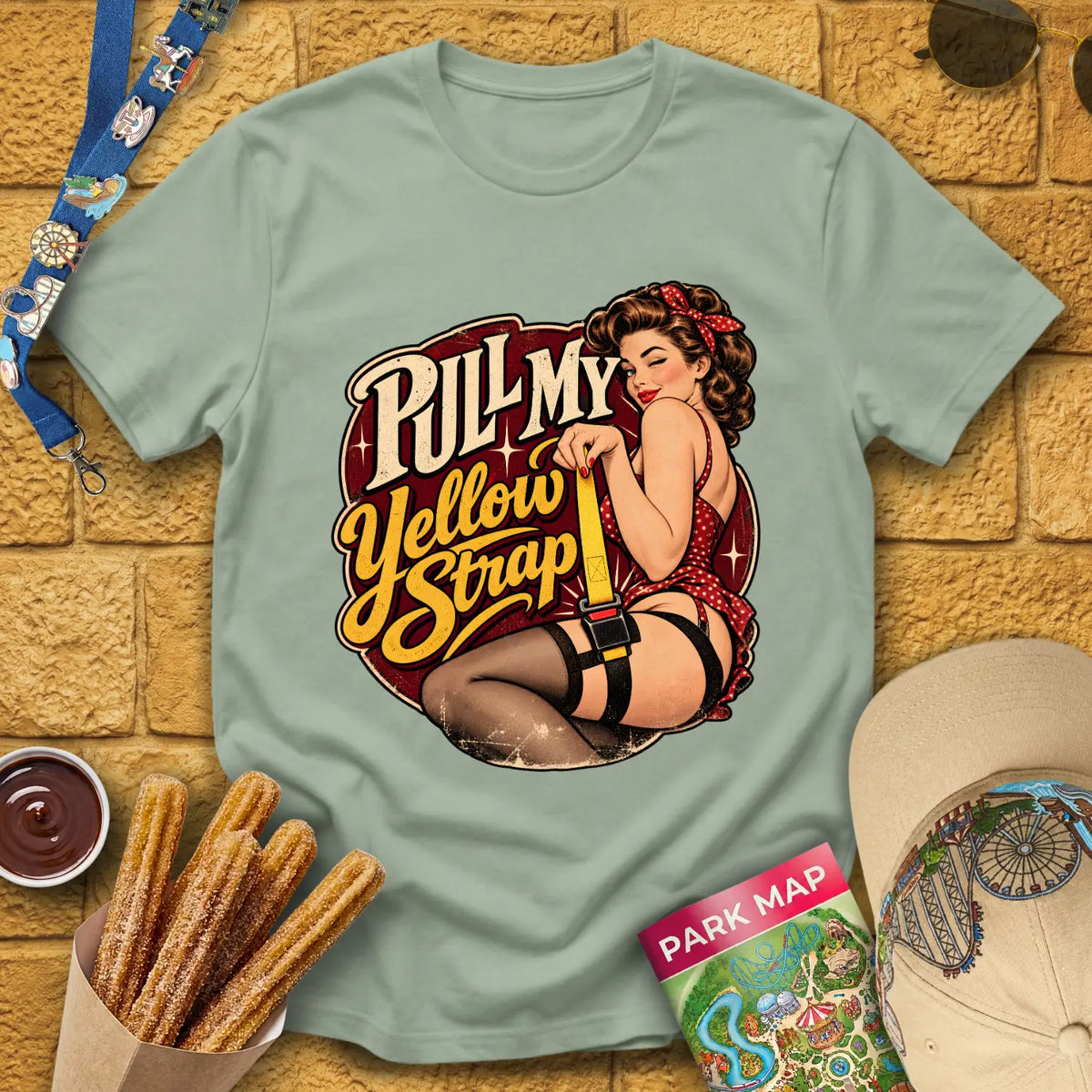 Pull My Yellow Strap [50s] T-Shirt for Theme Park Fans (Sage)