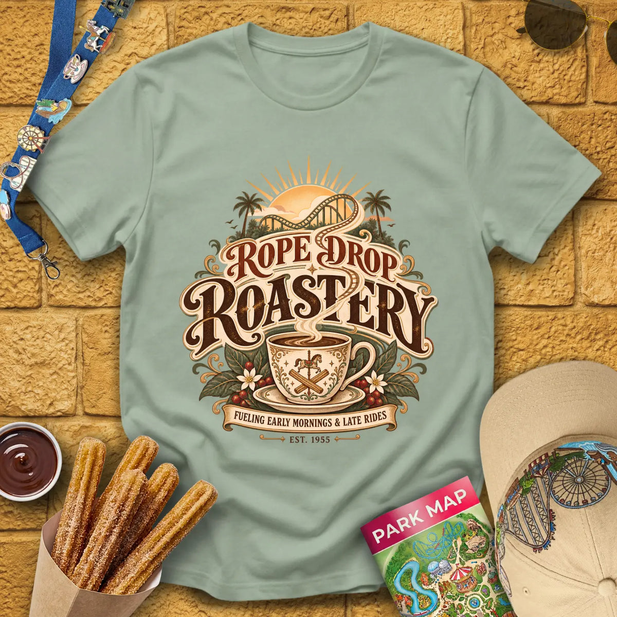 Rope Drop Roastery [Vintage] T-Shirt for Theme Park Fans (Sage)
