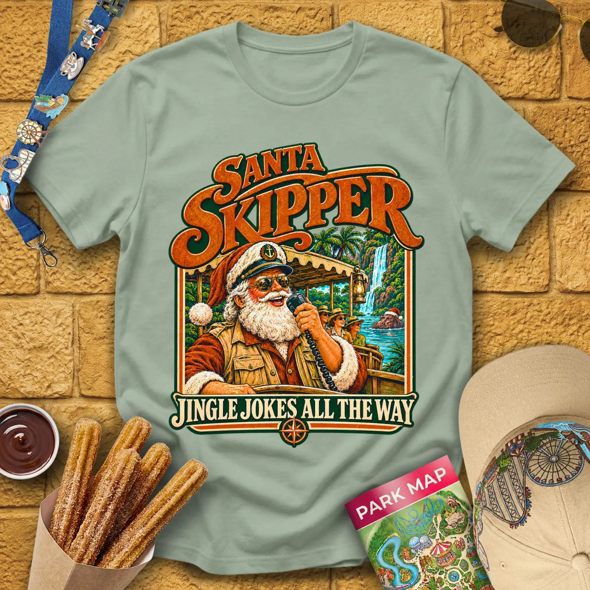 Santa Skipper [Retro] T-Shirt for Theme Park Fans (Sage)