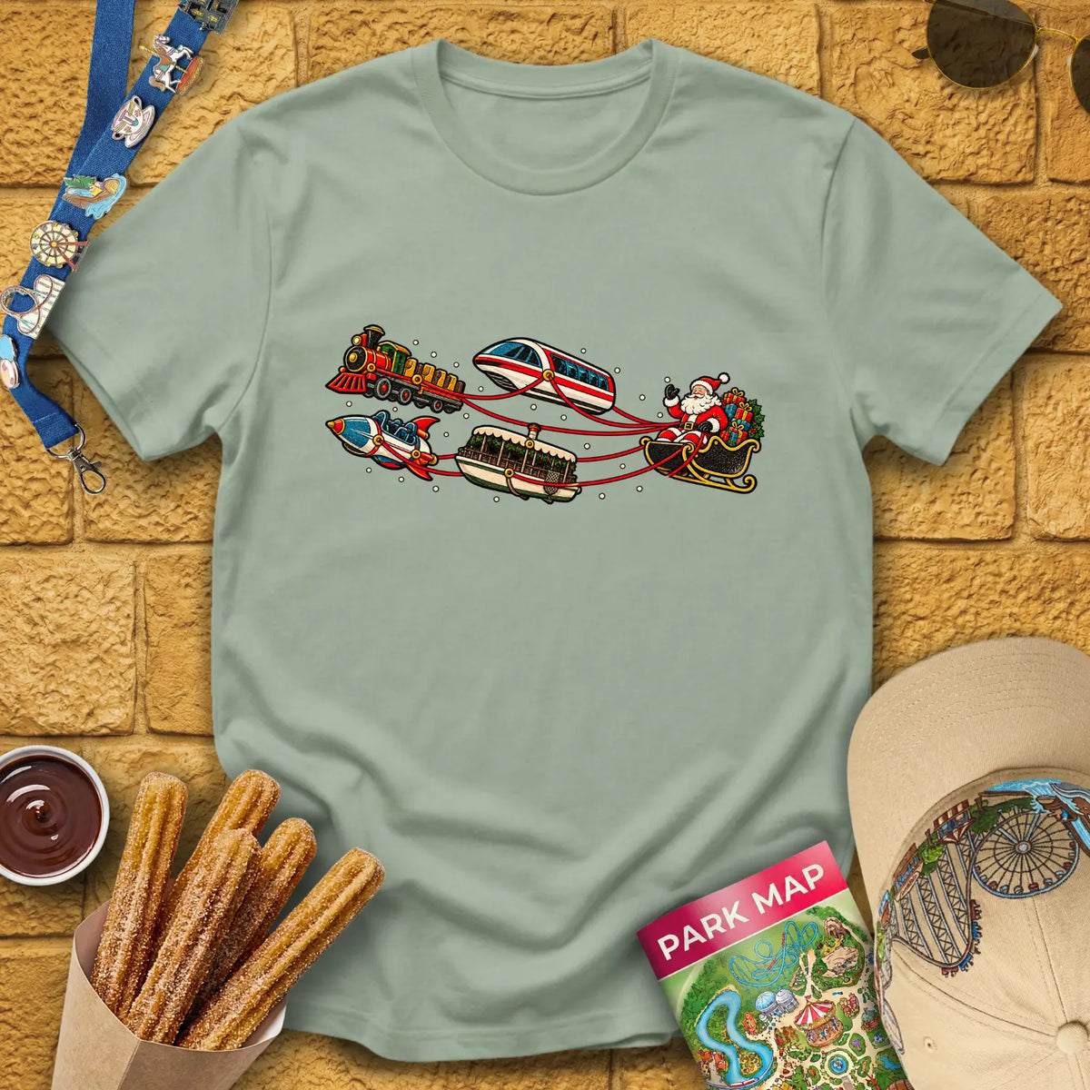 Santa's Special Sleigh [Retro] T-Shirt for Theme Park Fans (Sage)
