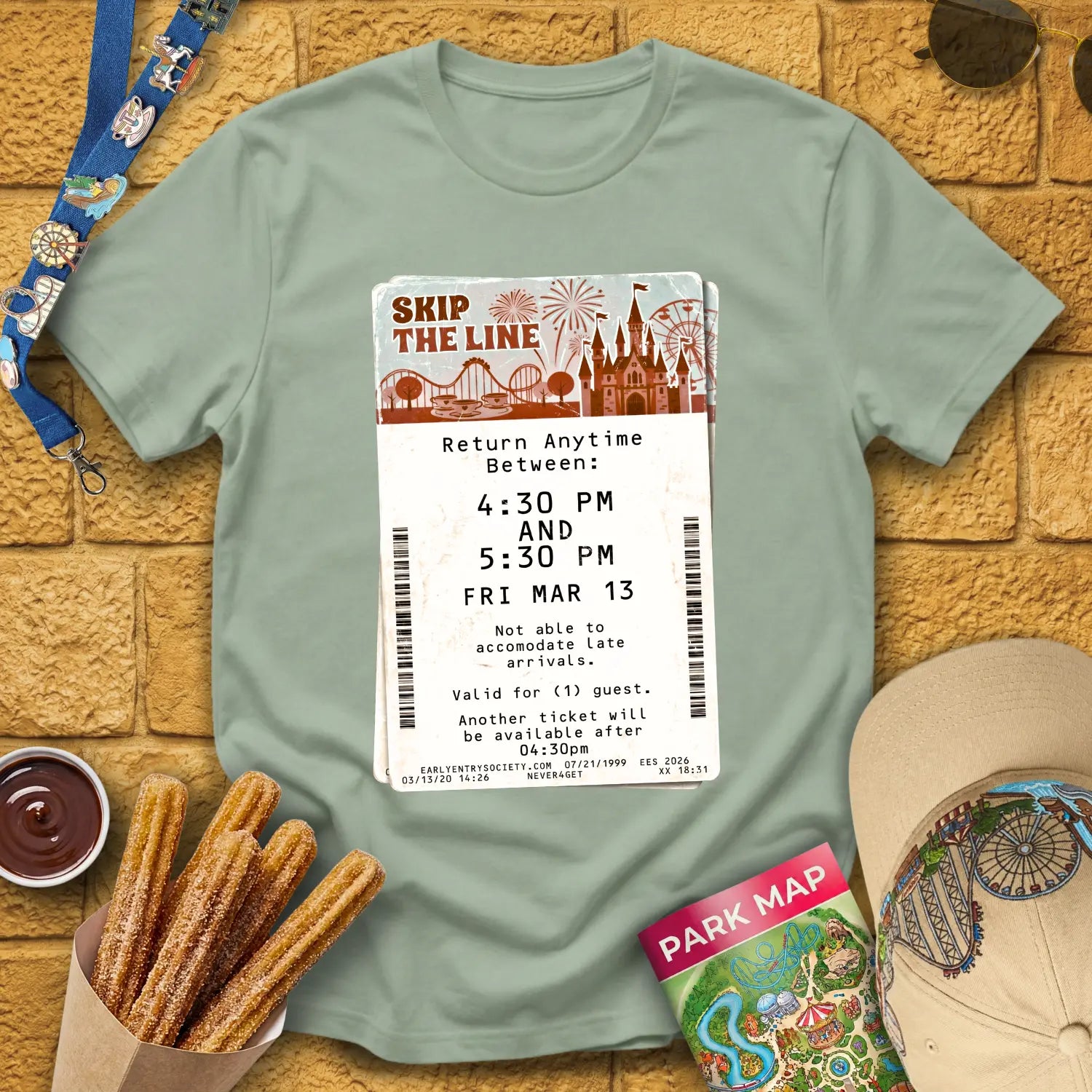 Skip The Line Ticket [Retro] T-Shirt for Theme Park Fans (Sage)