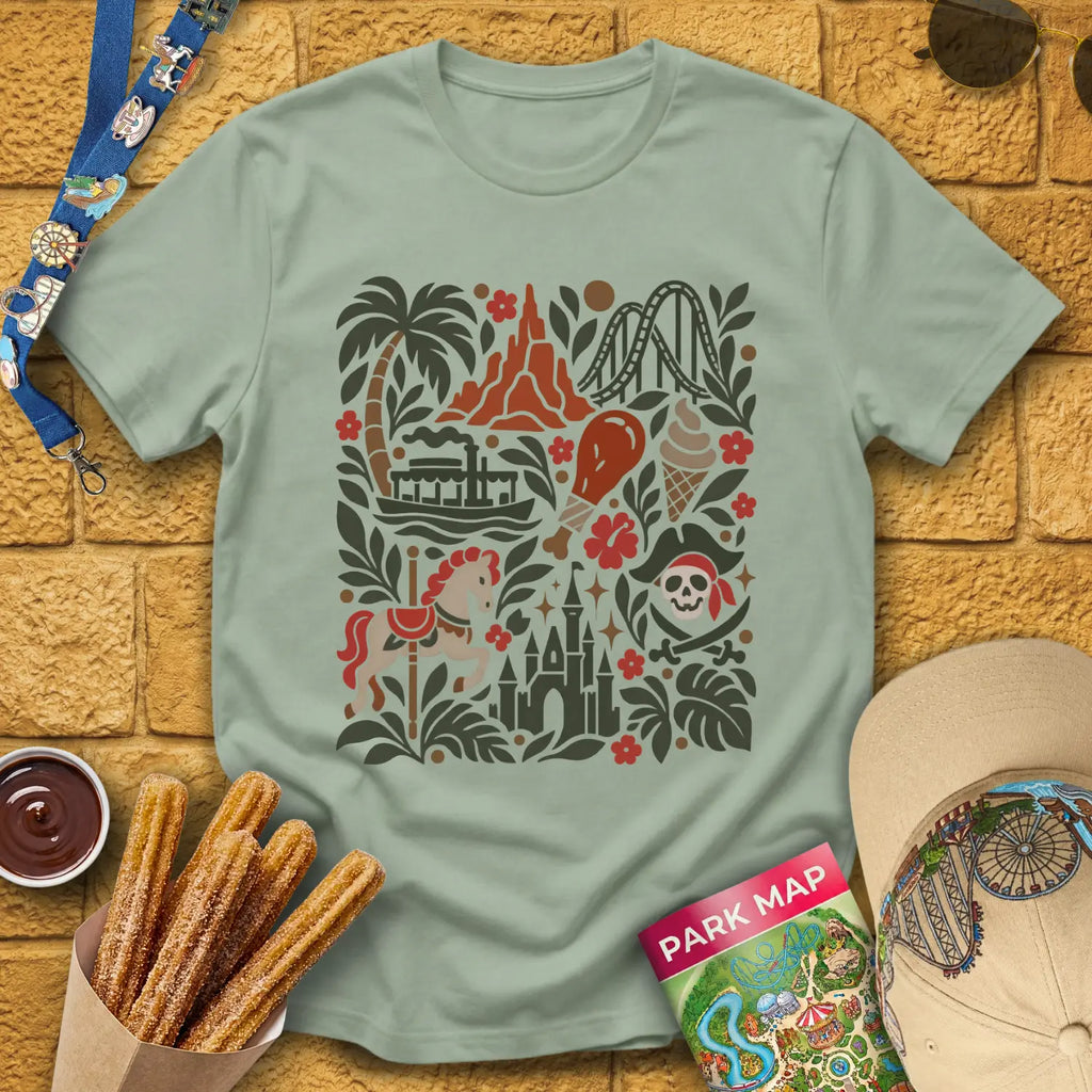 Theme Park Collage [FolkArt] T-Shirt for Theme Park Fans (Sage)