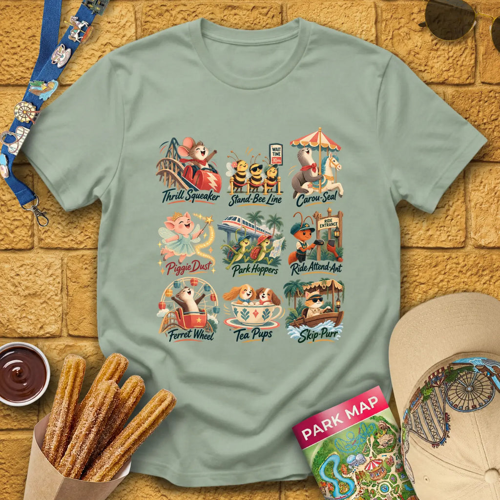 Theme Park Critters [Artsy] T-Shirt for Theme Park Fans (Sage)