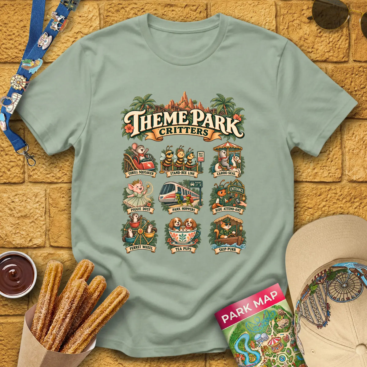 Theme Park Critters [Boho] T-Shirt for Theme Park Fans (Sage)