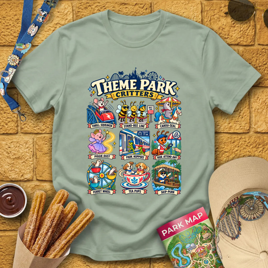 Theme Park Critters [Comic] T-Shirt for Theme Park Fans (Sage)