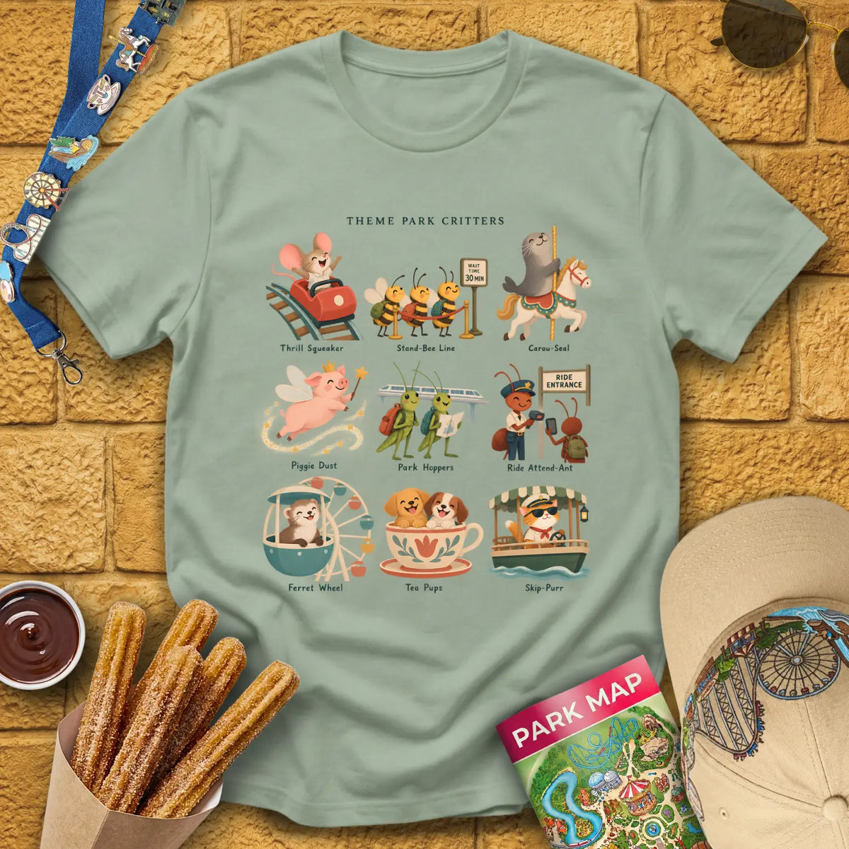 Theme Park Critters [SleekStory] T-Shirt for Theme Park Fans (Sage)