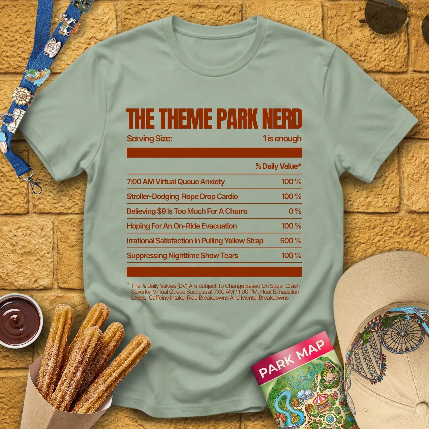Theme Park Nerd Facts [Nutrition] T-Shirt for Theme Park Fans (Sage)