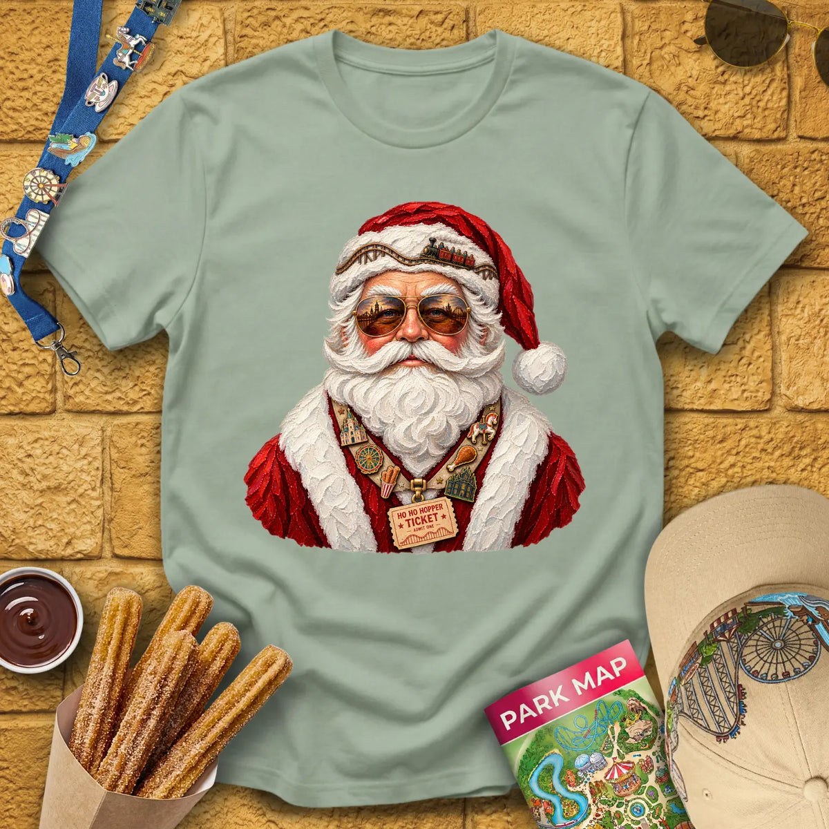 Theme Park Santa [Impasto] T-Shirt for Theme Park Fans (Sage)