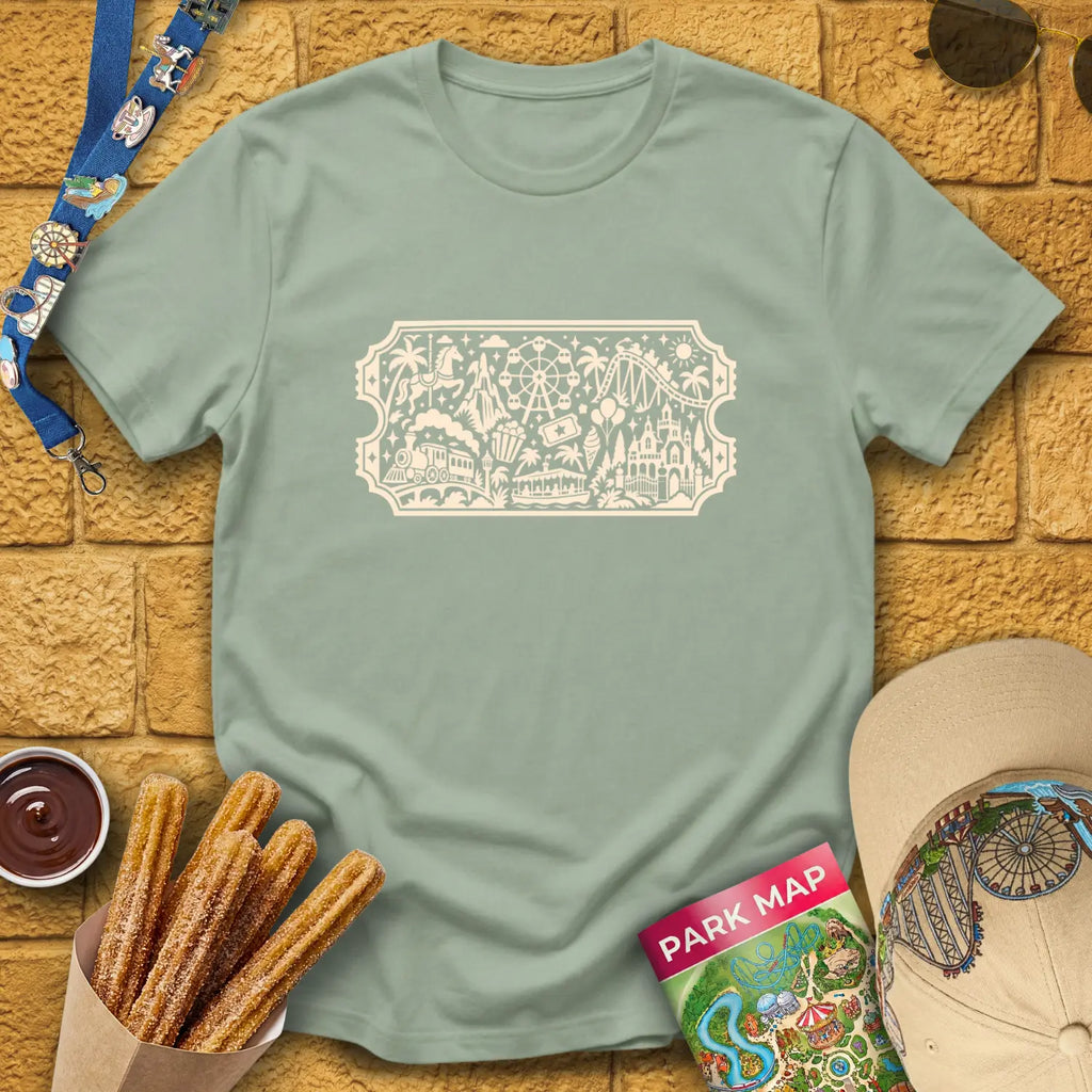 Theme Park Ticket [Doodle] T-Shirt for Theme Park Fans (Sage)