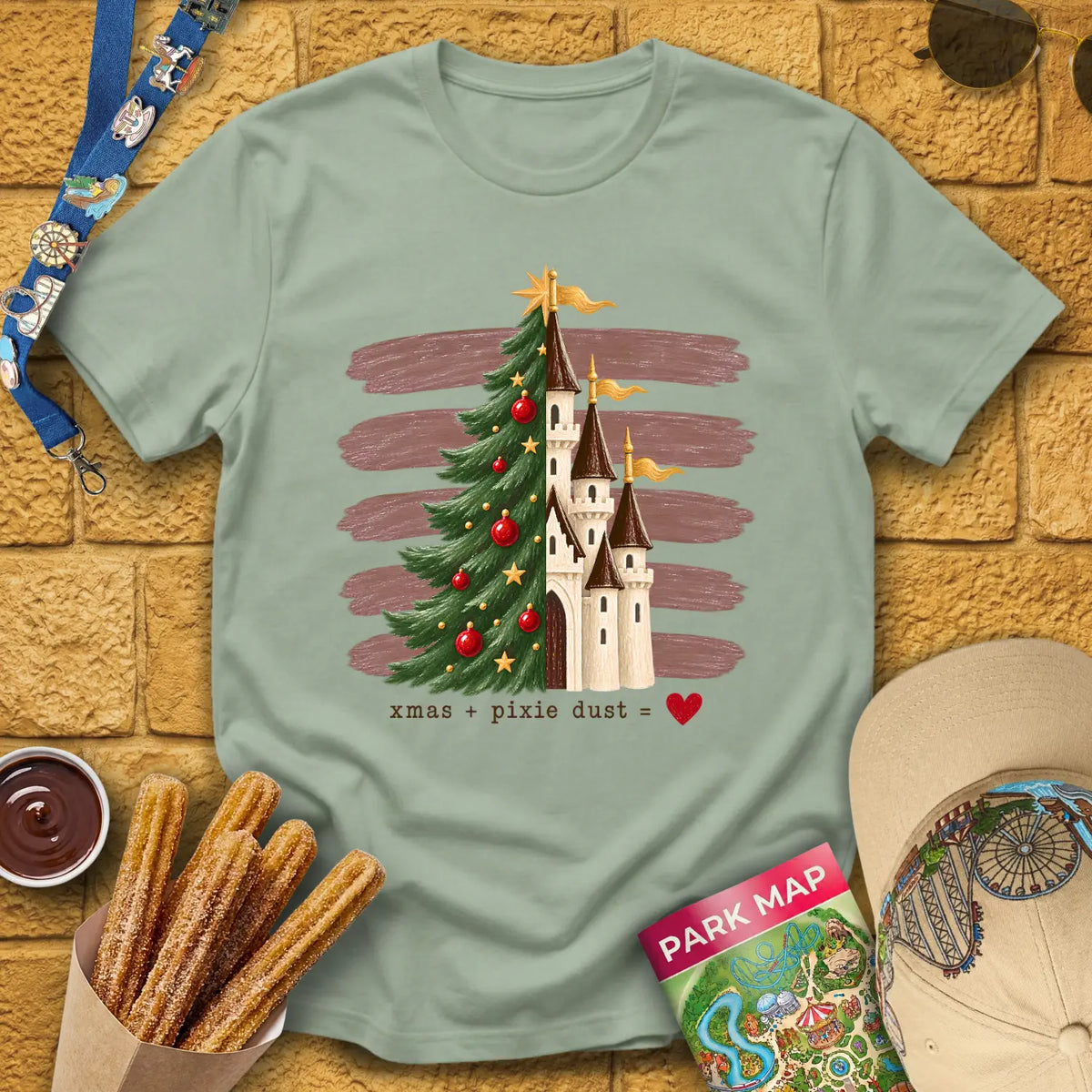 Tree & Castle [Rustic] T-Shirt for Theme Park Fans (Sage)