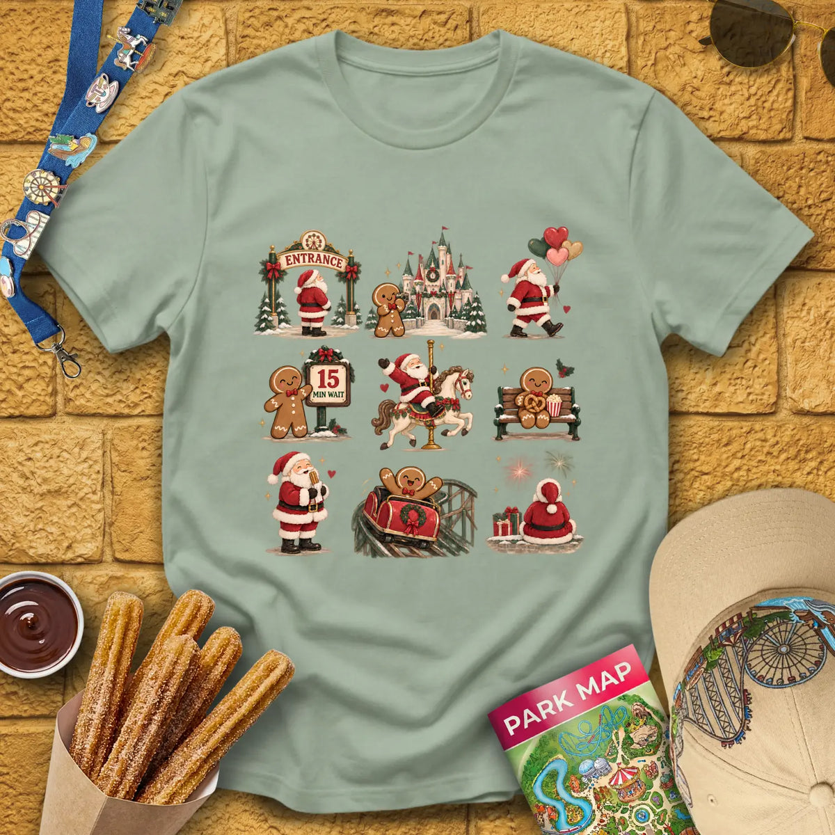 Xmas Park Day [RusticGrid] T-Shirt for Theme Park Fans (Sage)