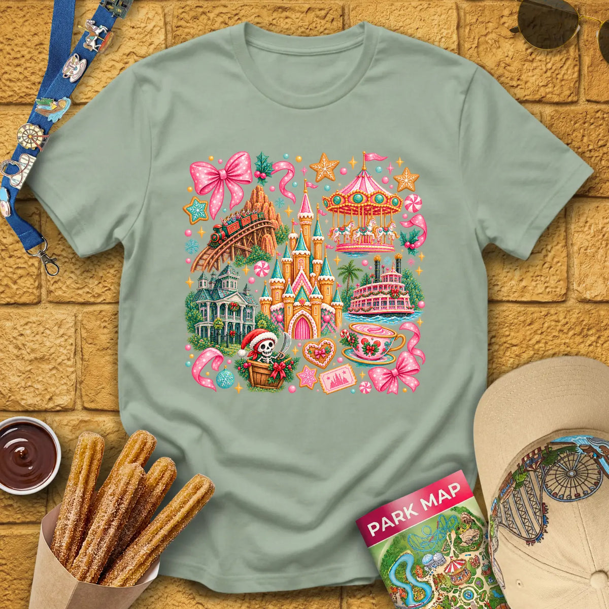 Xmas Theme Park [Cutesy] T-Shirt for Theme Park Fans (Sage)