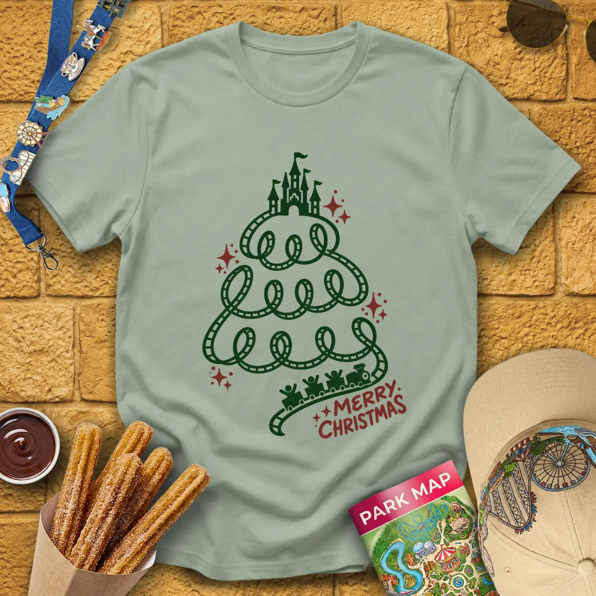 Xmas Train Tree [Monoline] T-Shirt for Theme Park Fans (Sage)
