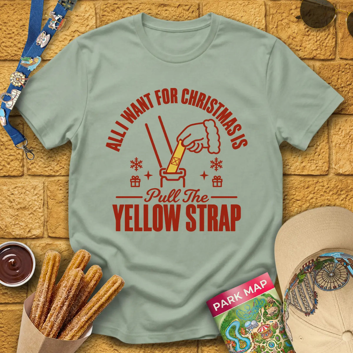 Yellow Strap Christmas [Emblem] T-Shirt for Theme Park Fans (Sage)