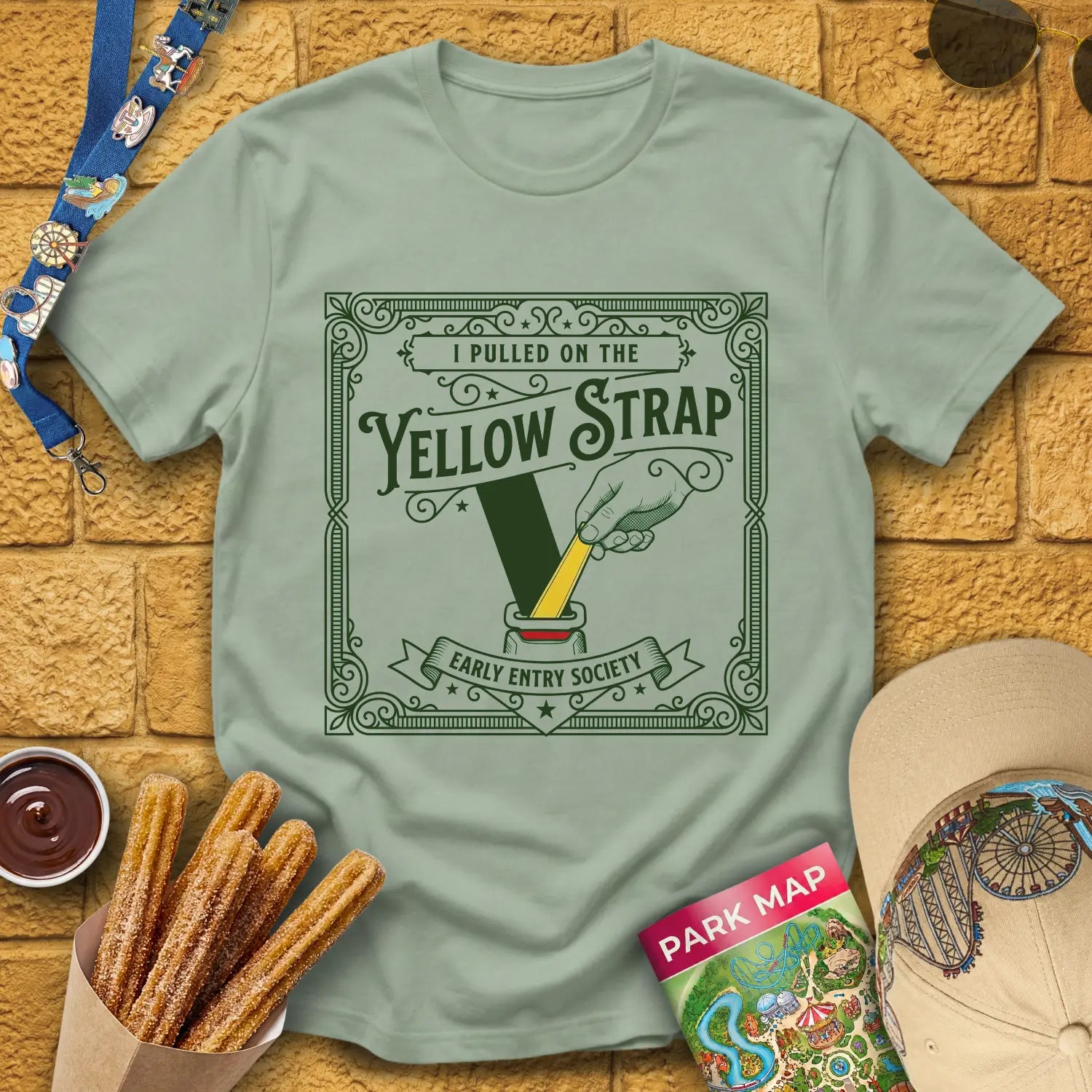 Yellow Strap [Victorian] T-Shirt for Theme Park Fans (Sage)