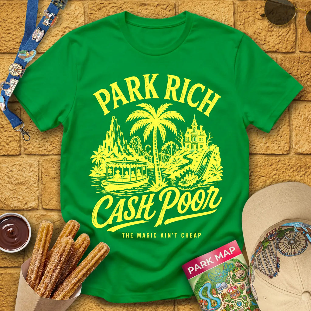 Park Rich Cash Poor [RetroBrush] T-Shirt for Theme Park Fans (Irish Green)