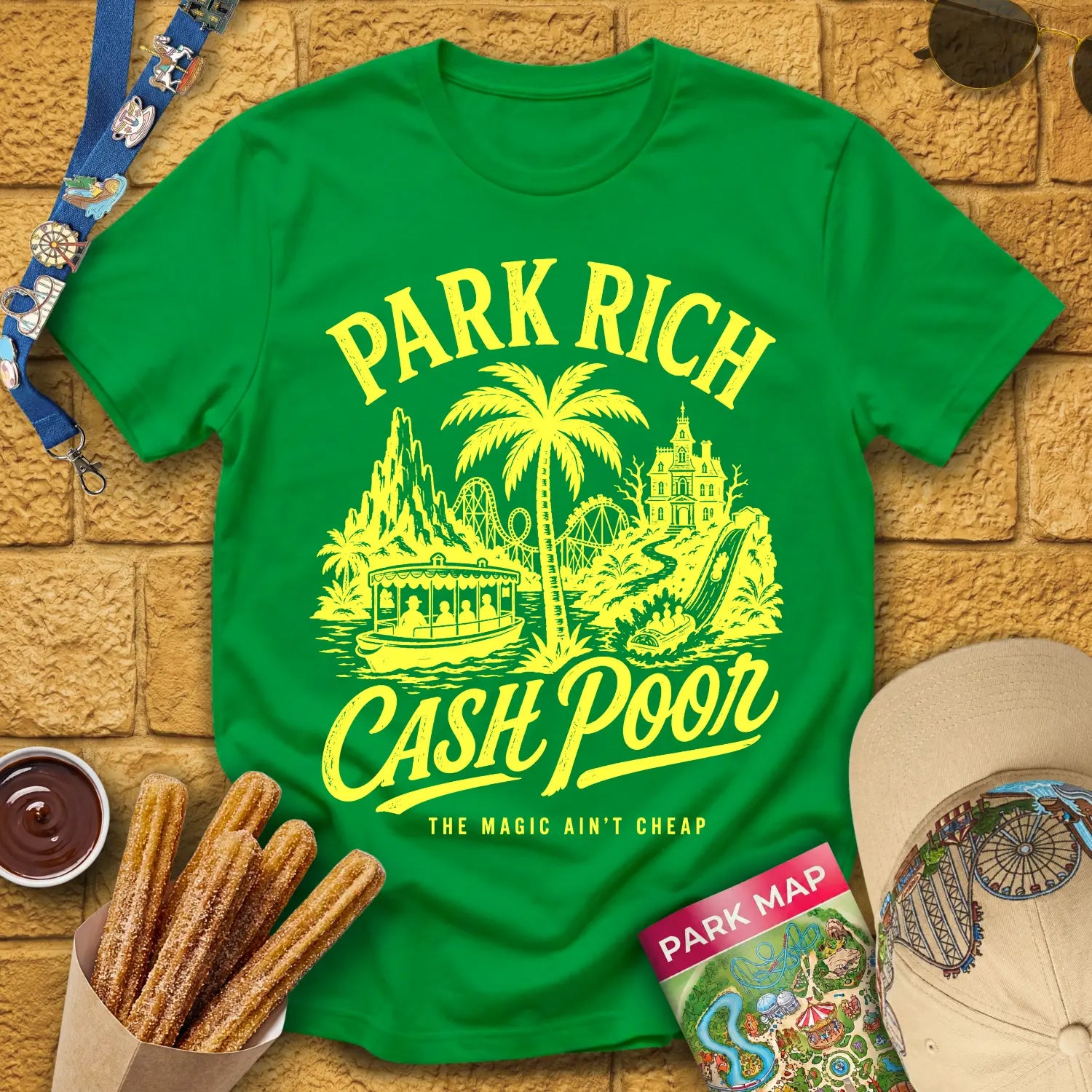 Park Rich Cash Poor [RetroBrush] T-Shirt for Theme Park Fans (Irish Green)