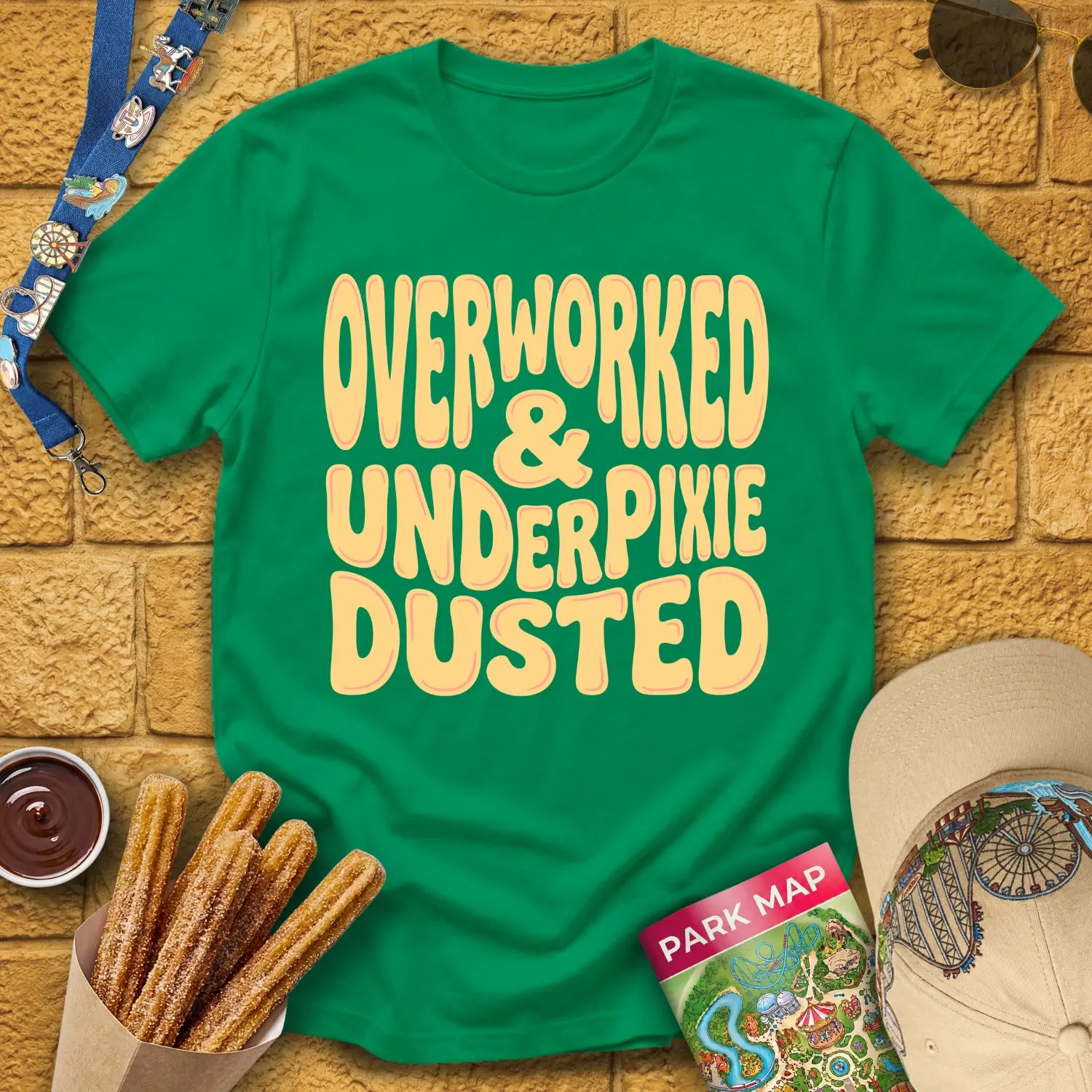 Overworked & UnderPixieDusted [70s] T-Shirt for Theme Park Fans (Kelly Green)