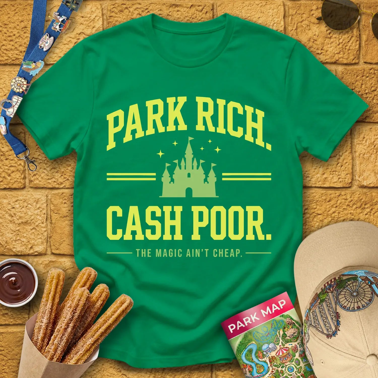 Park Rich Cash Poor [College] T-Shirt for Theme Park Fans (Kelly Green)