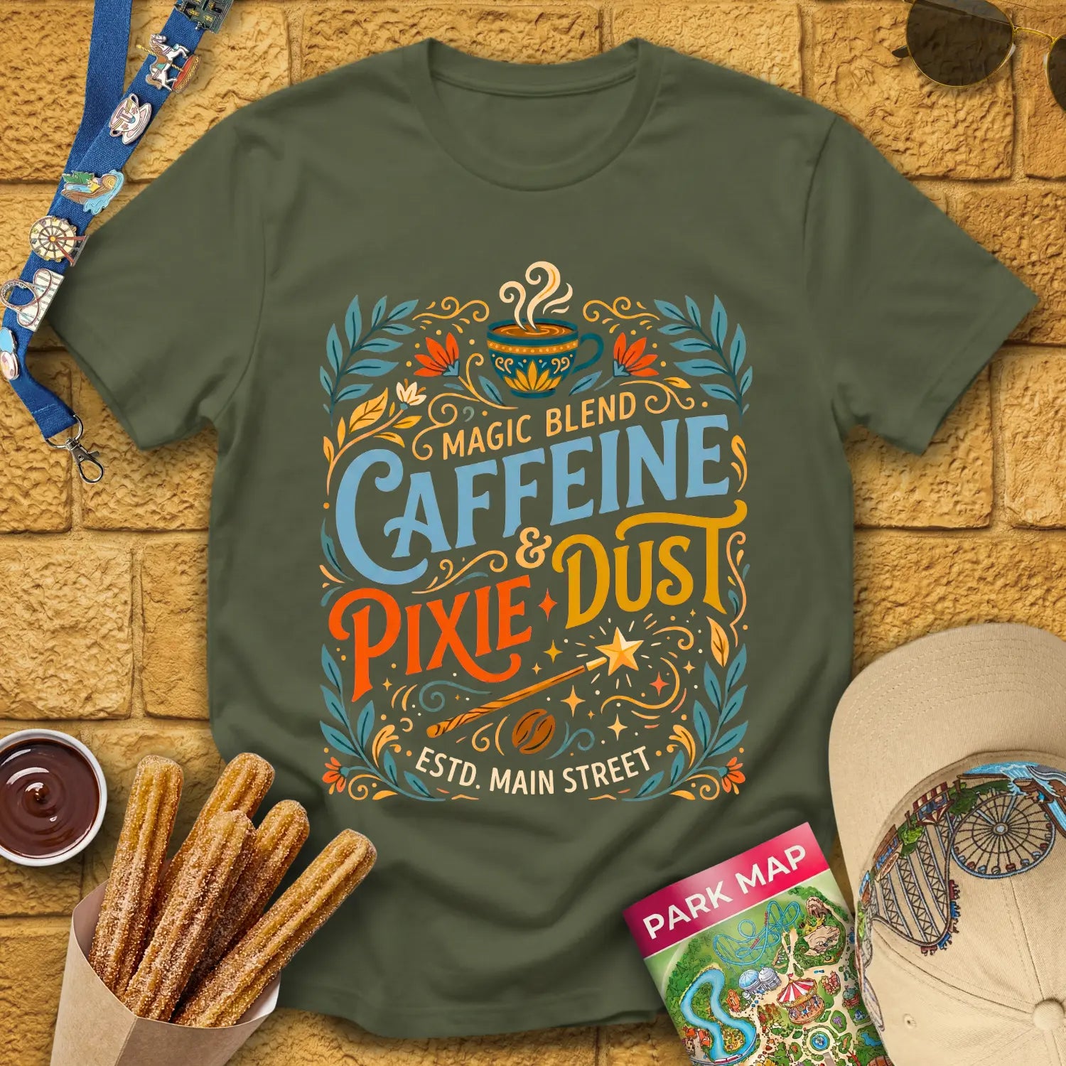 Caffeine & Pixie Dust [RetroBoho1] T-Shirt for Theme Park Fans (Military Green)