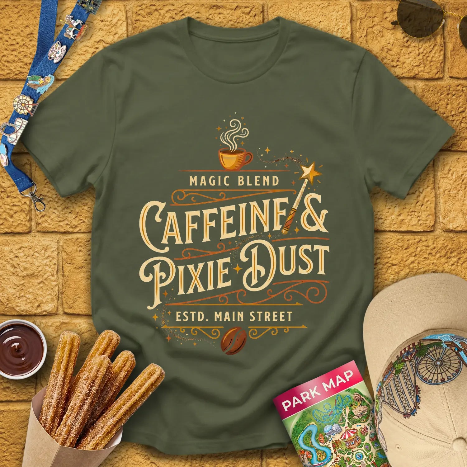Caffeine & Pixie Dust [VictorianOval] T-Shirt for Theme Park Fans (Military Green)