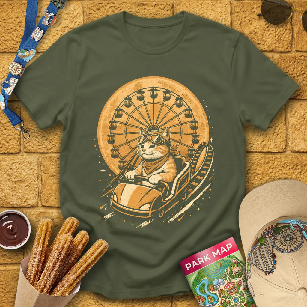 Cat Coaster [JapRetro] T-Shirt for Theme Park Fans (Military Green)