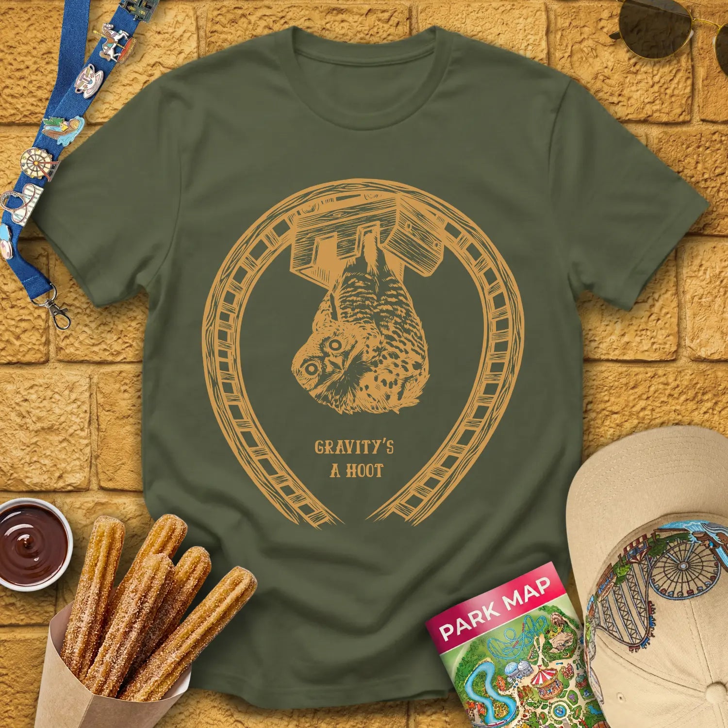 Coaster Owl [LinoCut] T-Shirt for Theme Park Fans (Military Green)