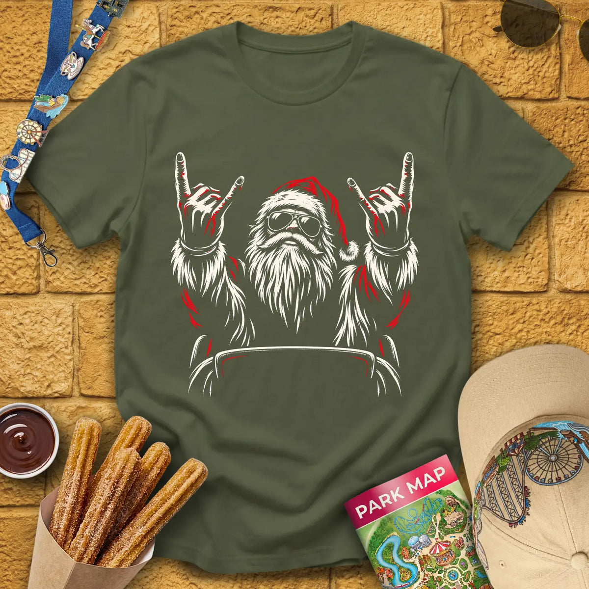 Coaster Santa [LinoArt] T-Shirt for Theme Park Fans (Military Green)