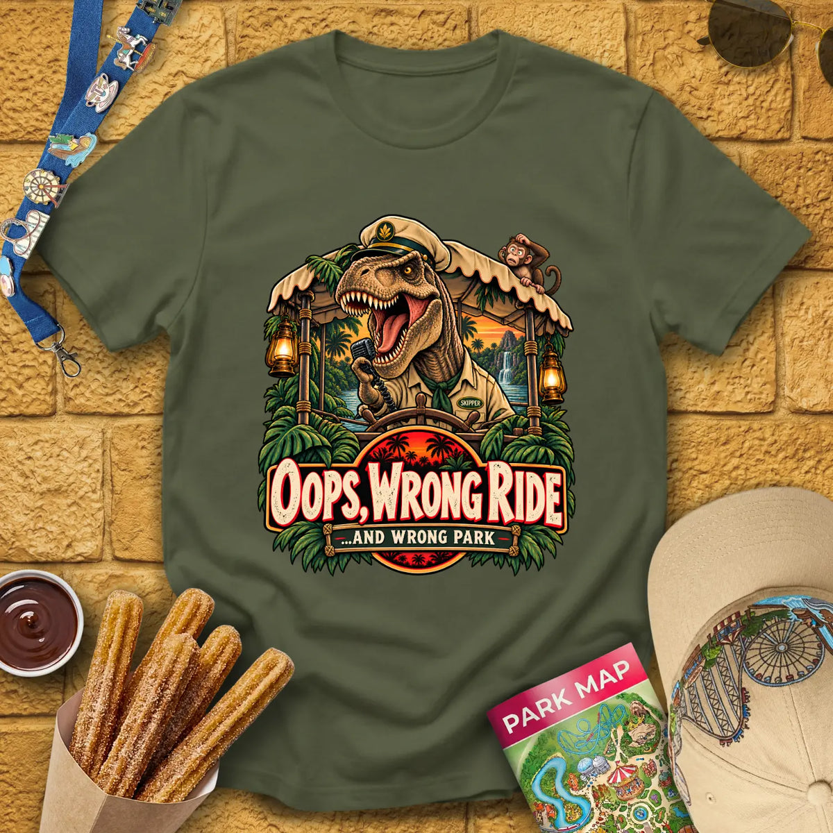 Dinosaur Skipper [Illu] T-Shirt for Theme Park Fans (Military Green)