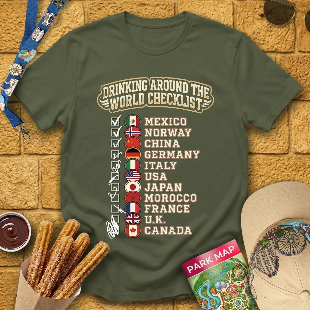Drinking Checklist [College] T-Shirt for Theme Park Fans (Military Green)