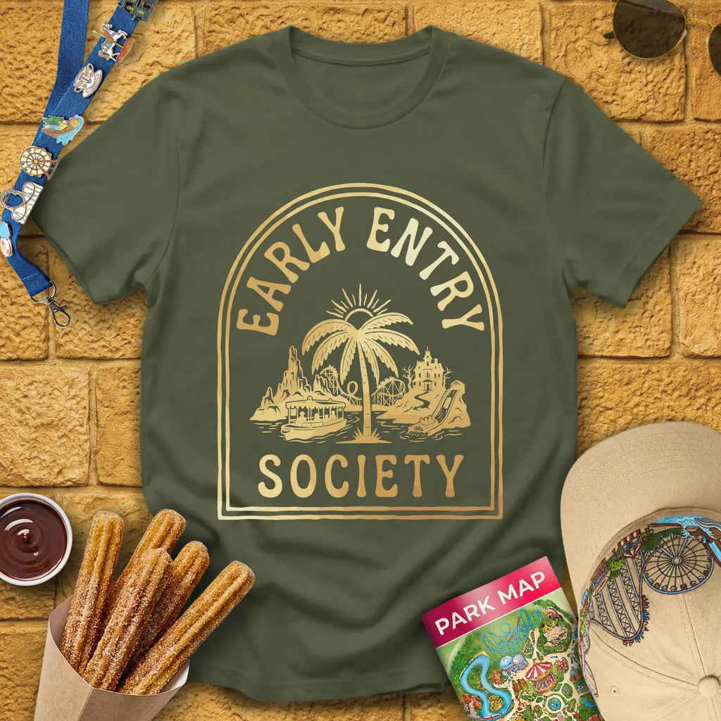 Early Entry Society [Tropic] T-Shirt for Theme Park Fans (Military Green)