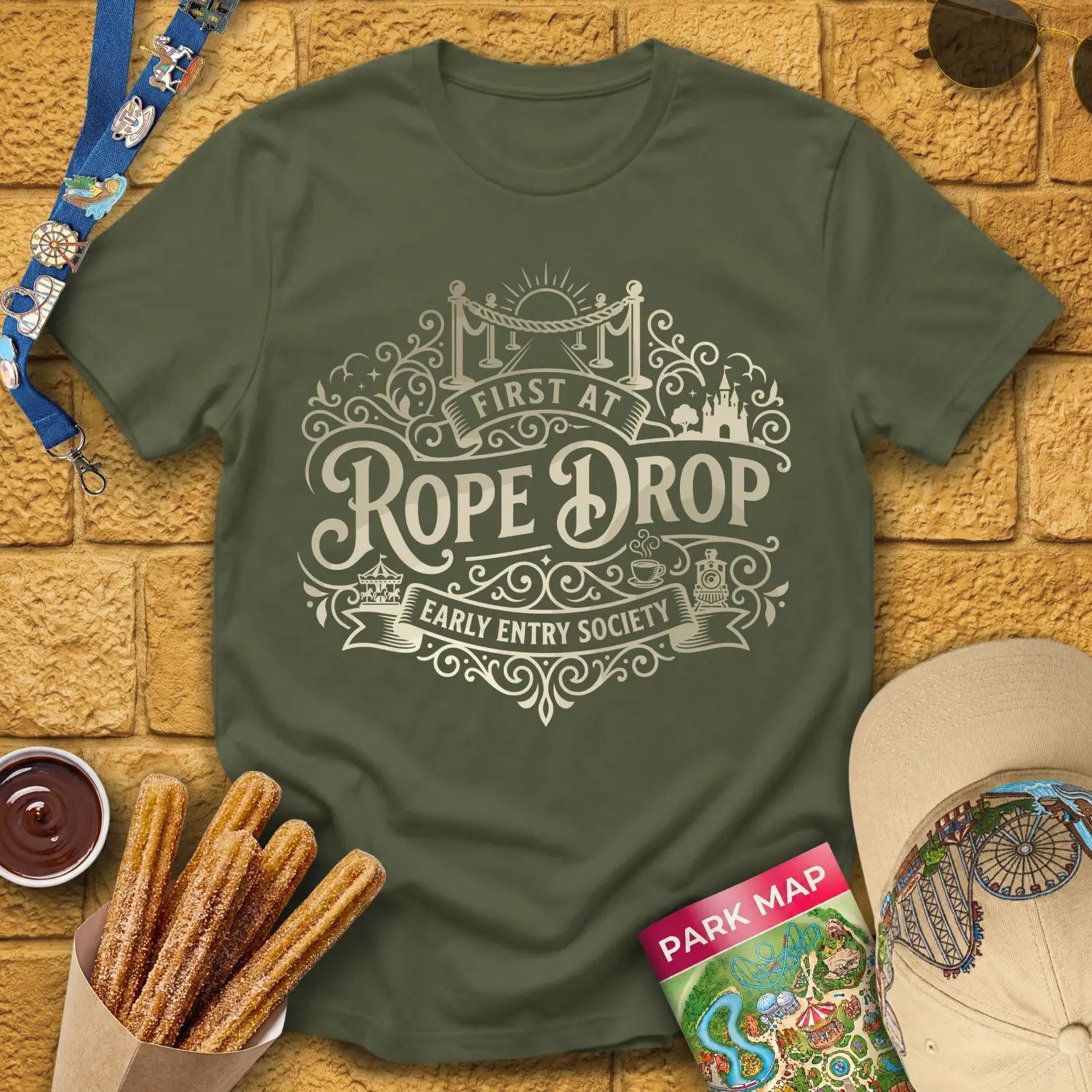 First At Rope Drop [VictorianBadge] T-Shirt for Theme Park Fans (Military Green)