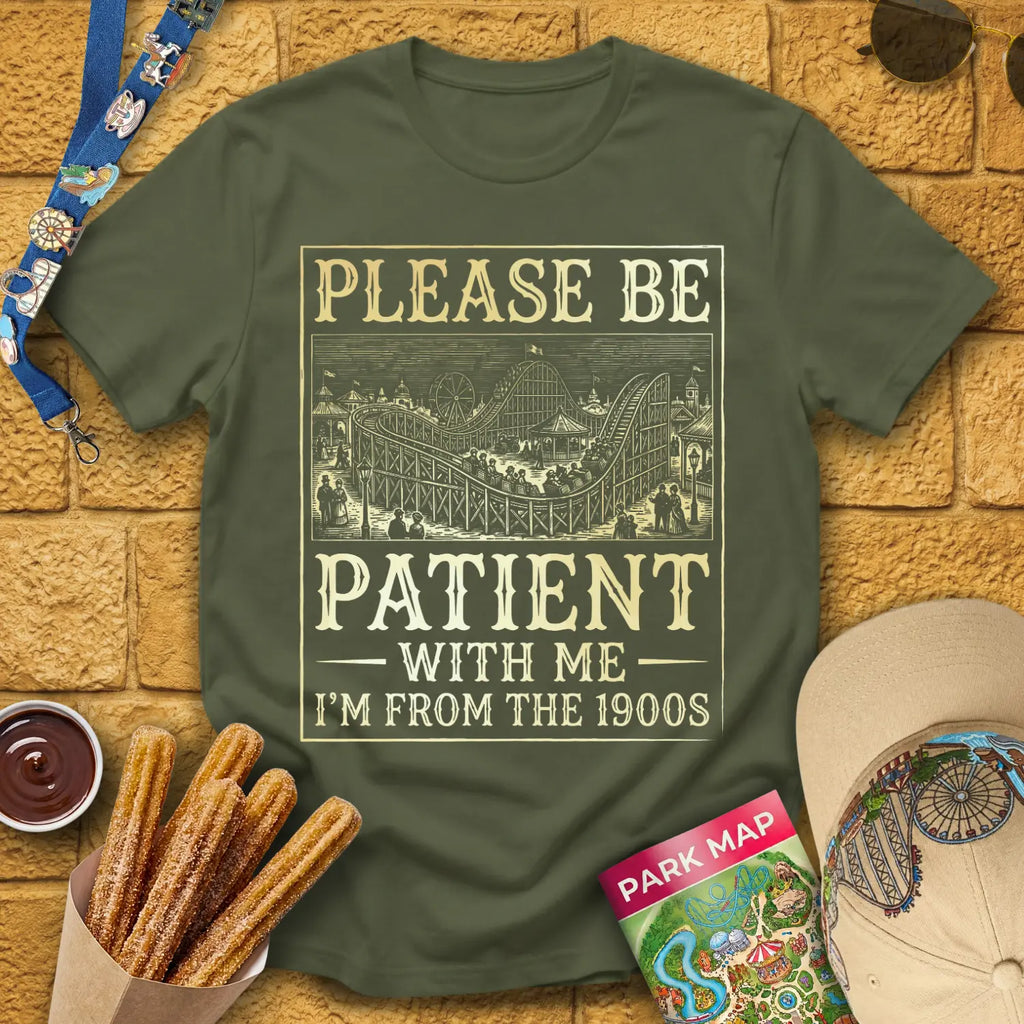 From The 1900s [Woodcut] T-Shirt for Theme Park Fans (Military Green)
